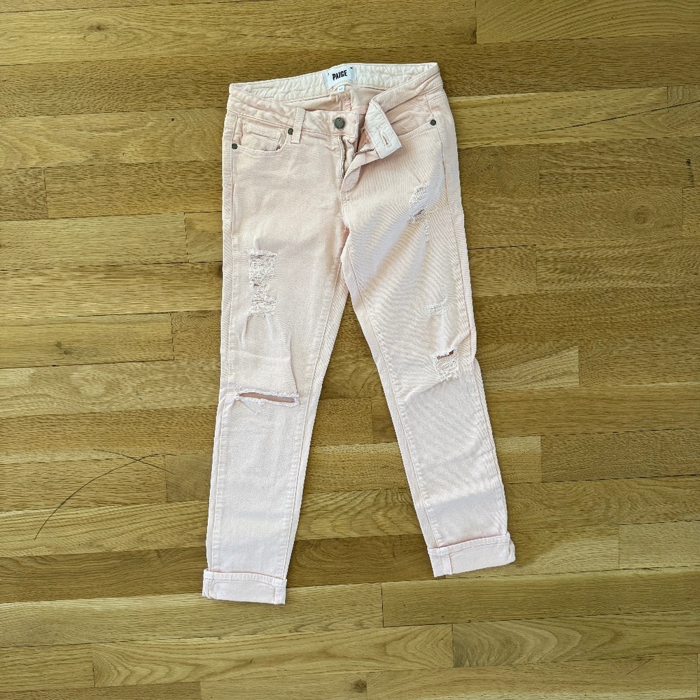 PAIGE Jeans Destroyed Cropped Rolled Hem in Salmon